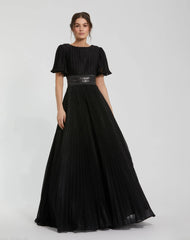 Black Pleated Shimmering Flutter Sleeve Ball Gown