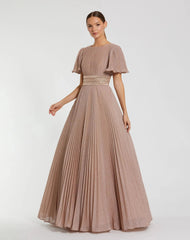 Pink Pleated Shimmering Flutter Sleeve Ball Gown