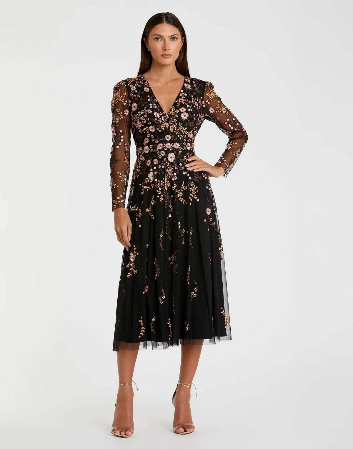 Black Multicolor Floral Embroidered A-Line Cocktail Dress