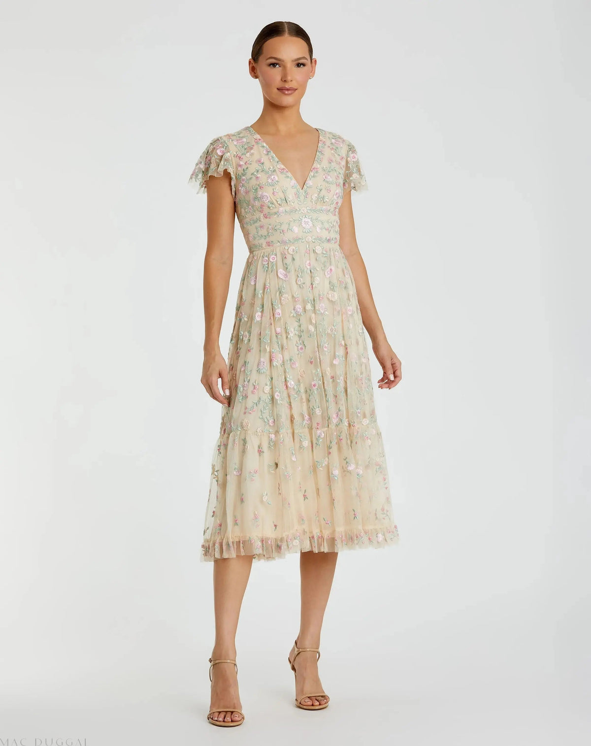 Beige Multicolor Embroidered V Neck Cap Sleeve Midi Dress