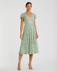 Green Multicolor Embroidered V Neck Cap Sleeve Midi Dress