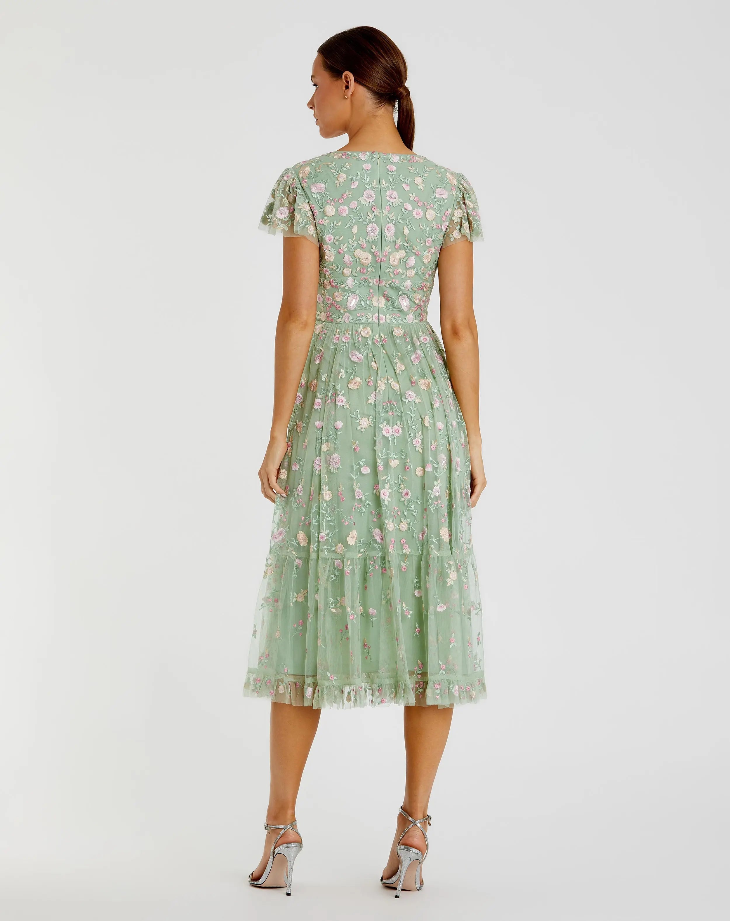 Green Multicolor Embroidered V Neck Cap Sleeve Midi Dress