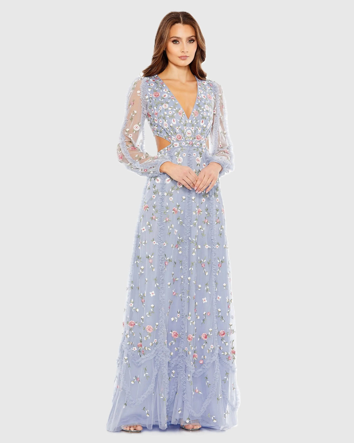 Purple Long Sleeve Embellished Cut Out A-Line Gown