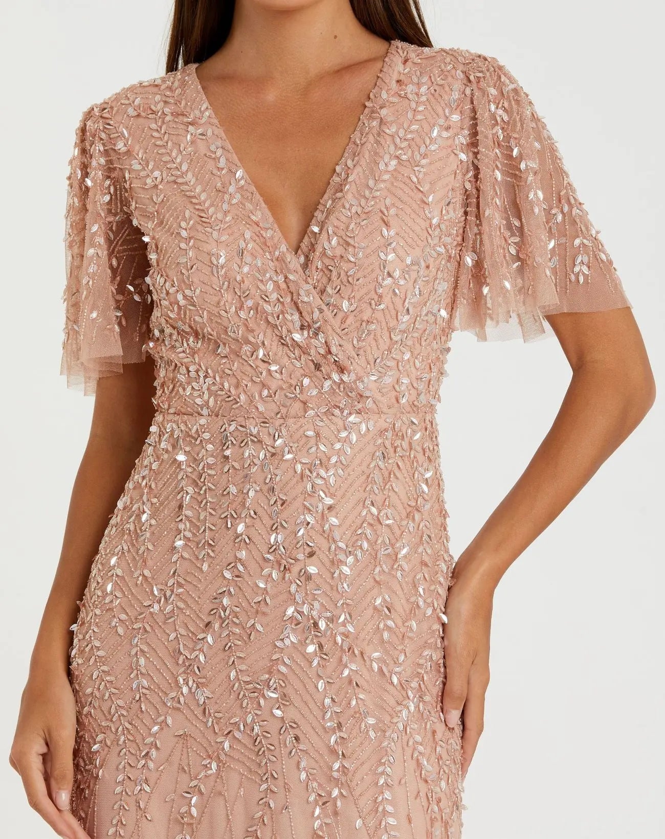 Pink Embellished Flutter Sleeve Gown