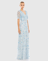 Blue Embellished V-Neck Empire Waist Ruffle Hem Gown