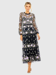 Navy Embroidered Puff Sleeve Tiered Dress