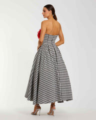 Black and White Strapless Boucle A Line Midi Dress With 3D Flower