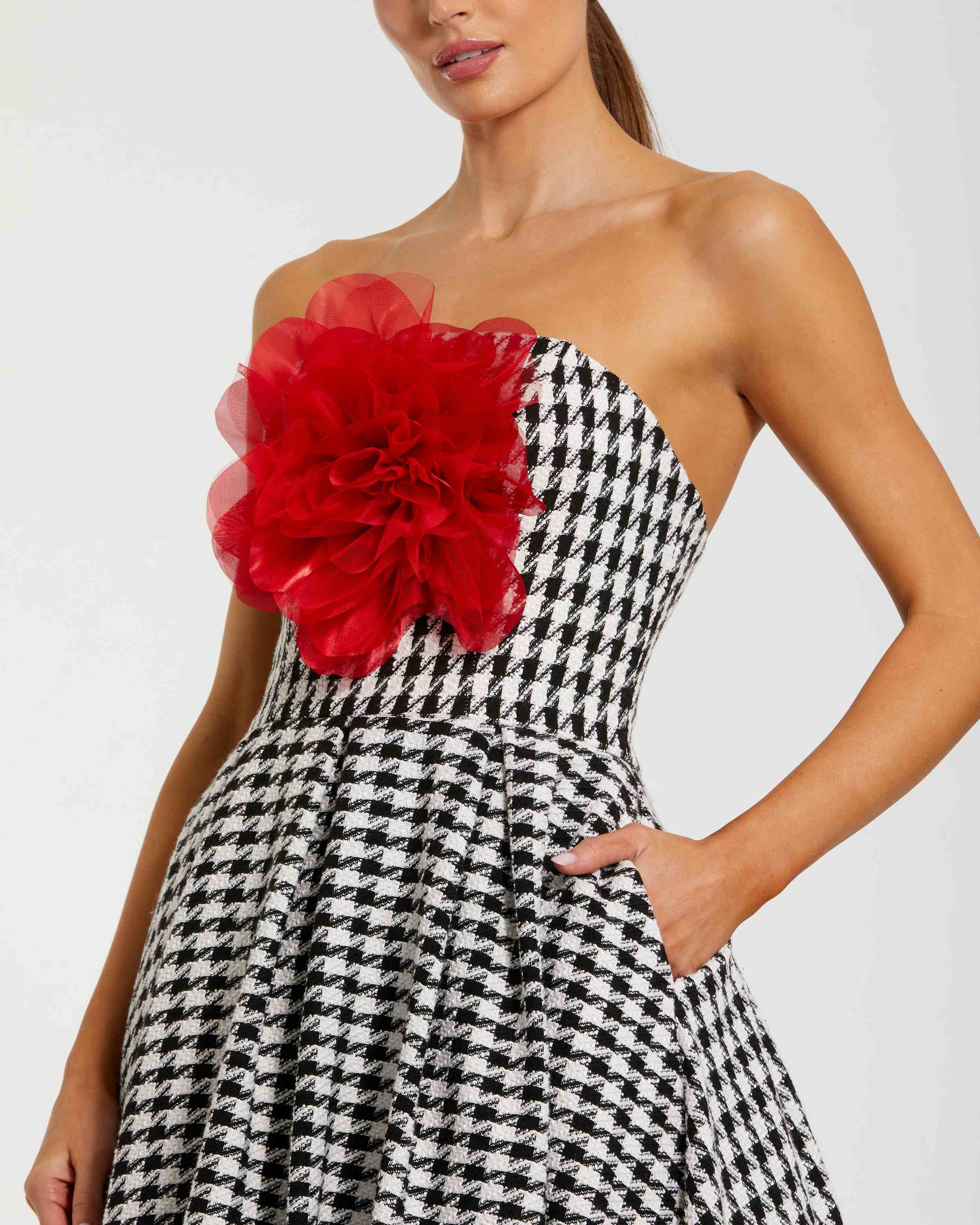 Black and White Strapless Boucle A Line Midi Dress With 3D Flower