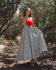 Black and White Strapless Boucle A Line Midi Dress With 3D Flower