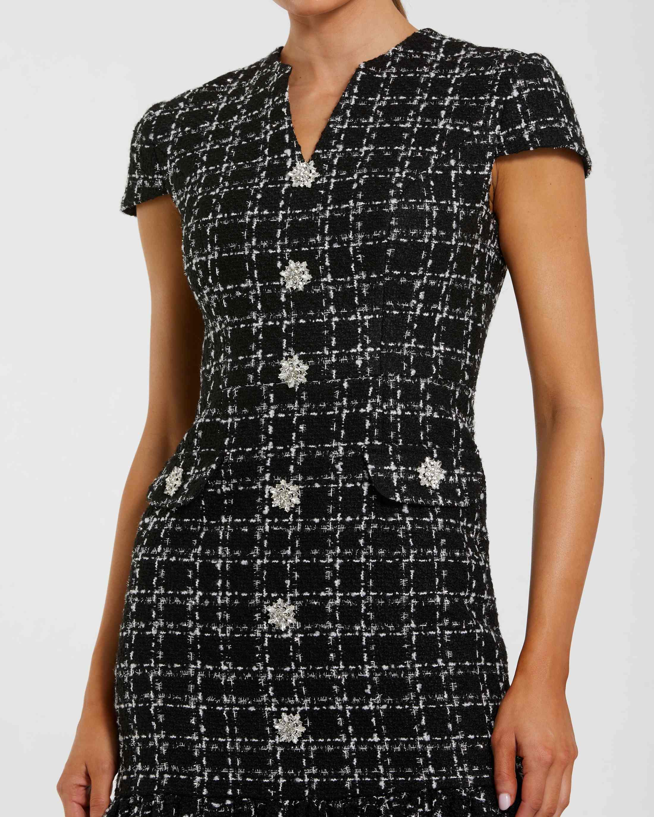 Black Cap Sleeve Boucle A Line Midi Dress