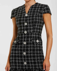 Black Cap Sleeve Boucle A Line Midi Dress