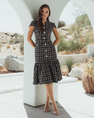 Black Cap Sleeve Boucle A Line Midi Dress