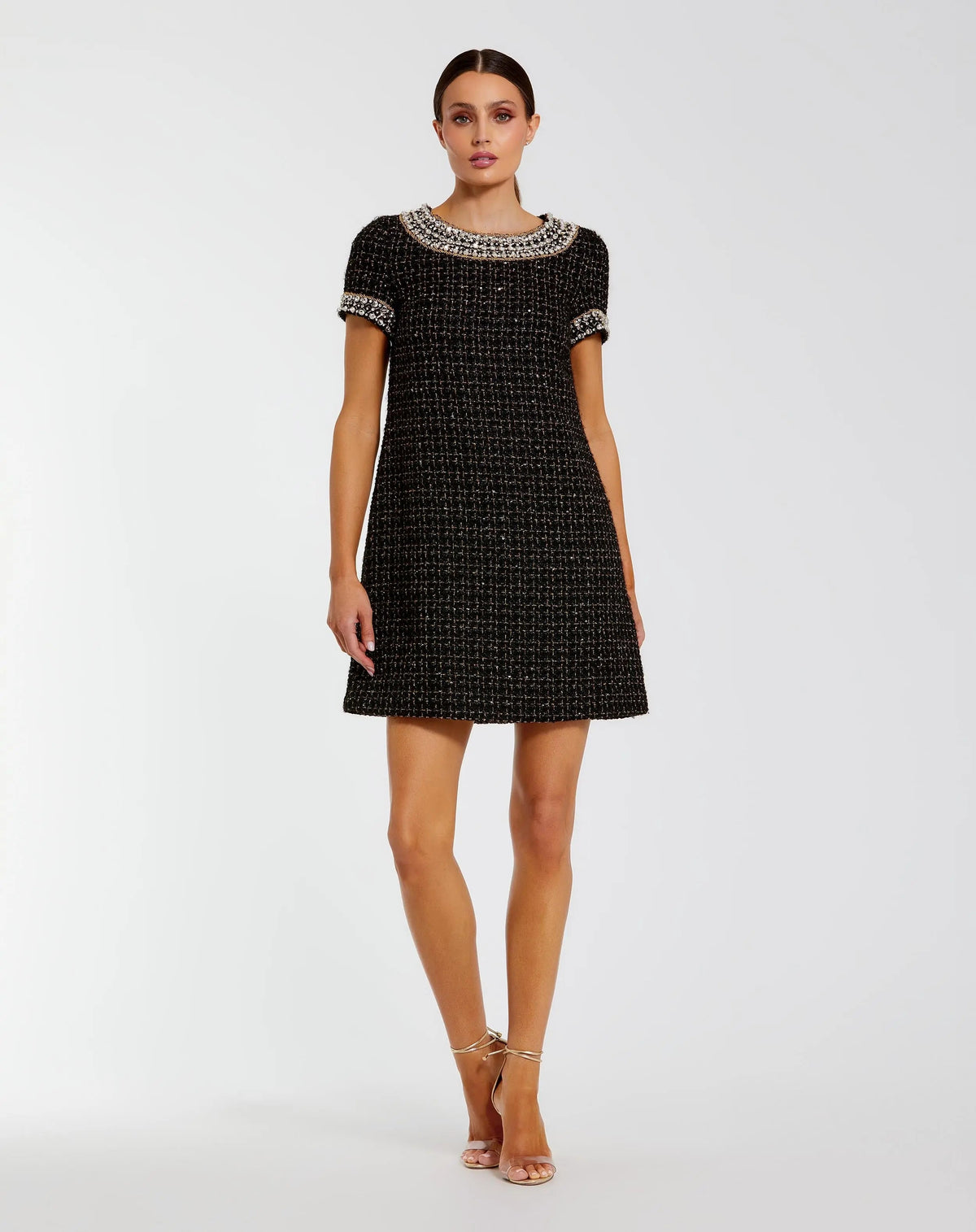 Black Short Sleeve Embellished Boucle Mini Dress