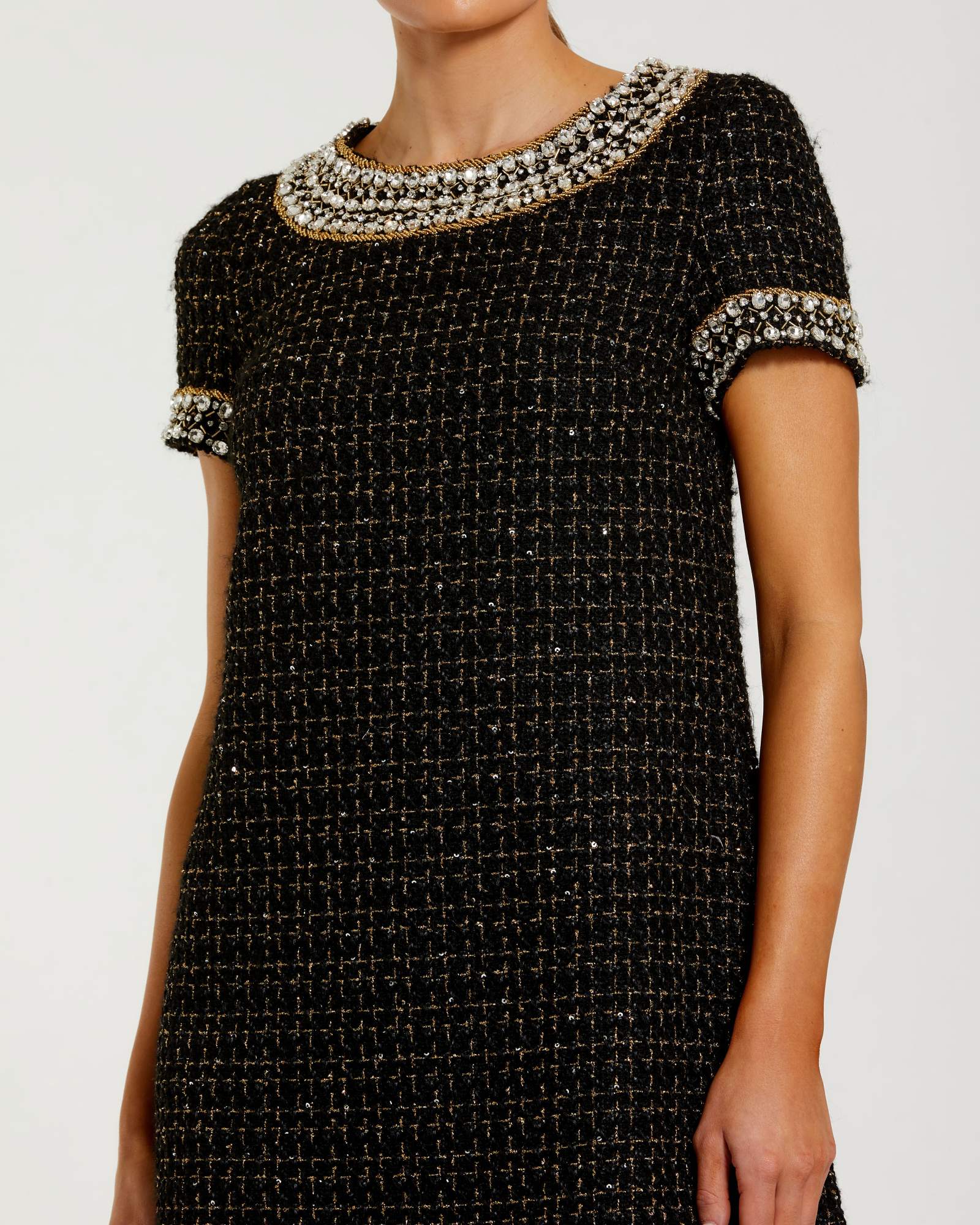 Black Short Sleeve Embellished Boucle Mini Dress