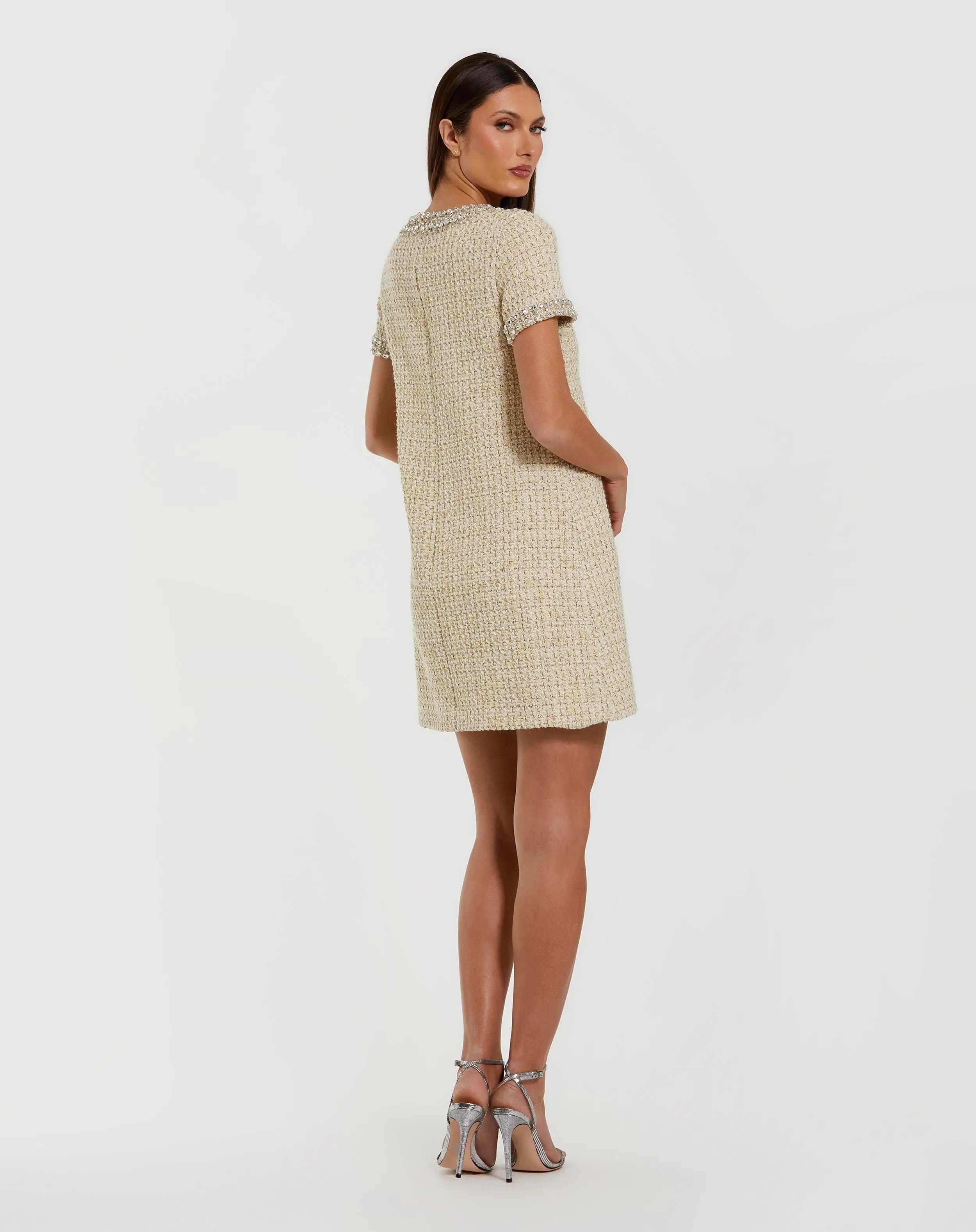 Ivory Short Sleeve Embellished Boucle Mini Dress