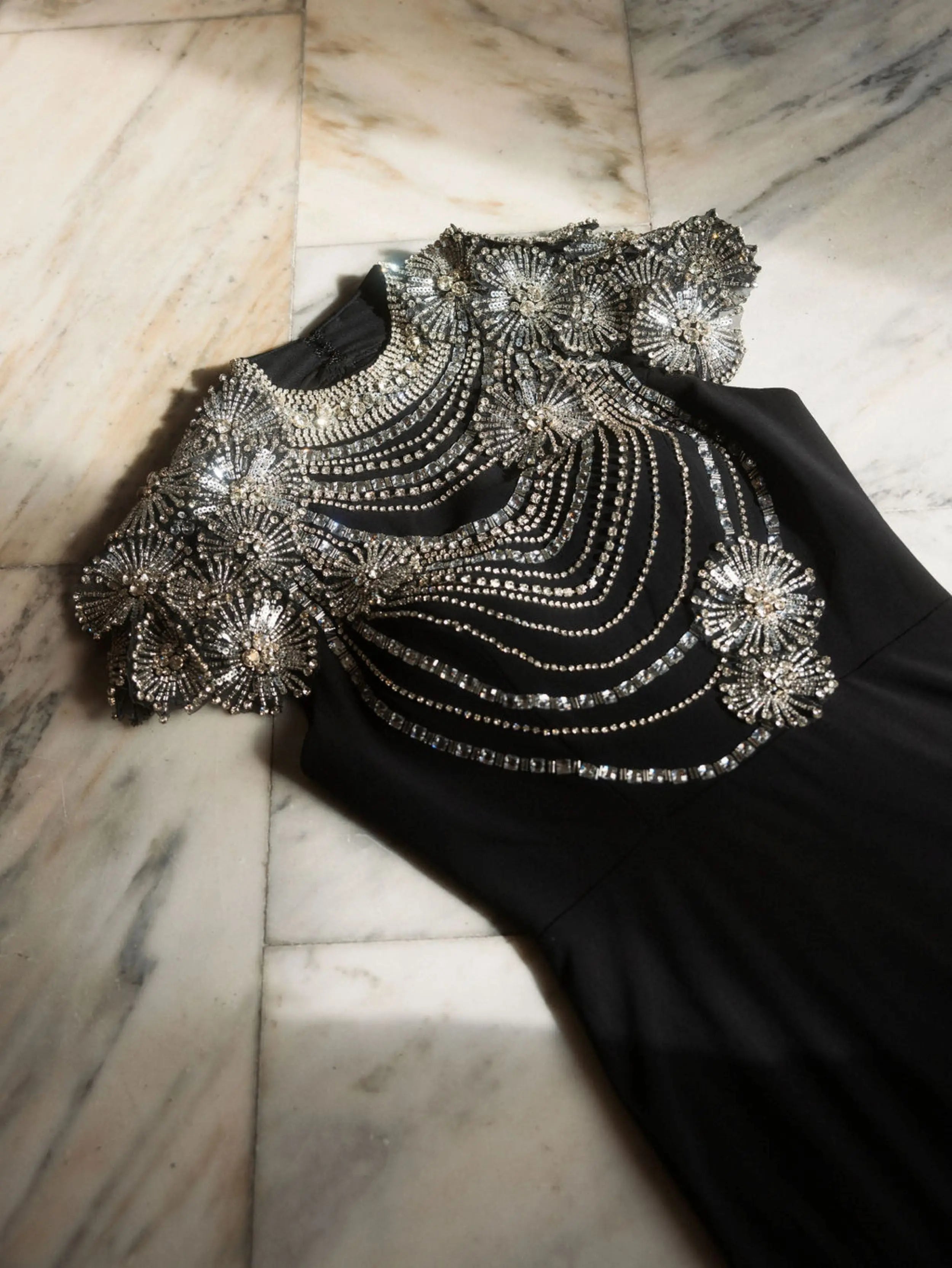 Black High Neck Embellished Column Gown