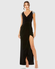 Black V Neck Embellished Cap Sleeve Faux Wrap Slit Gown