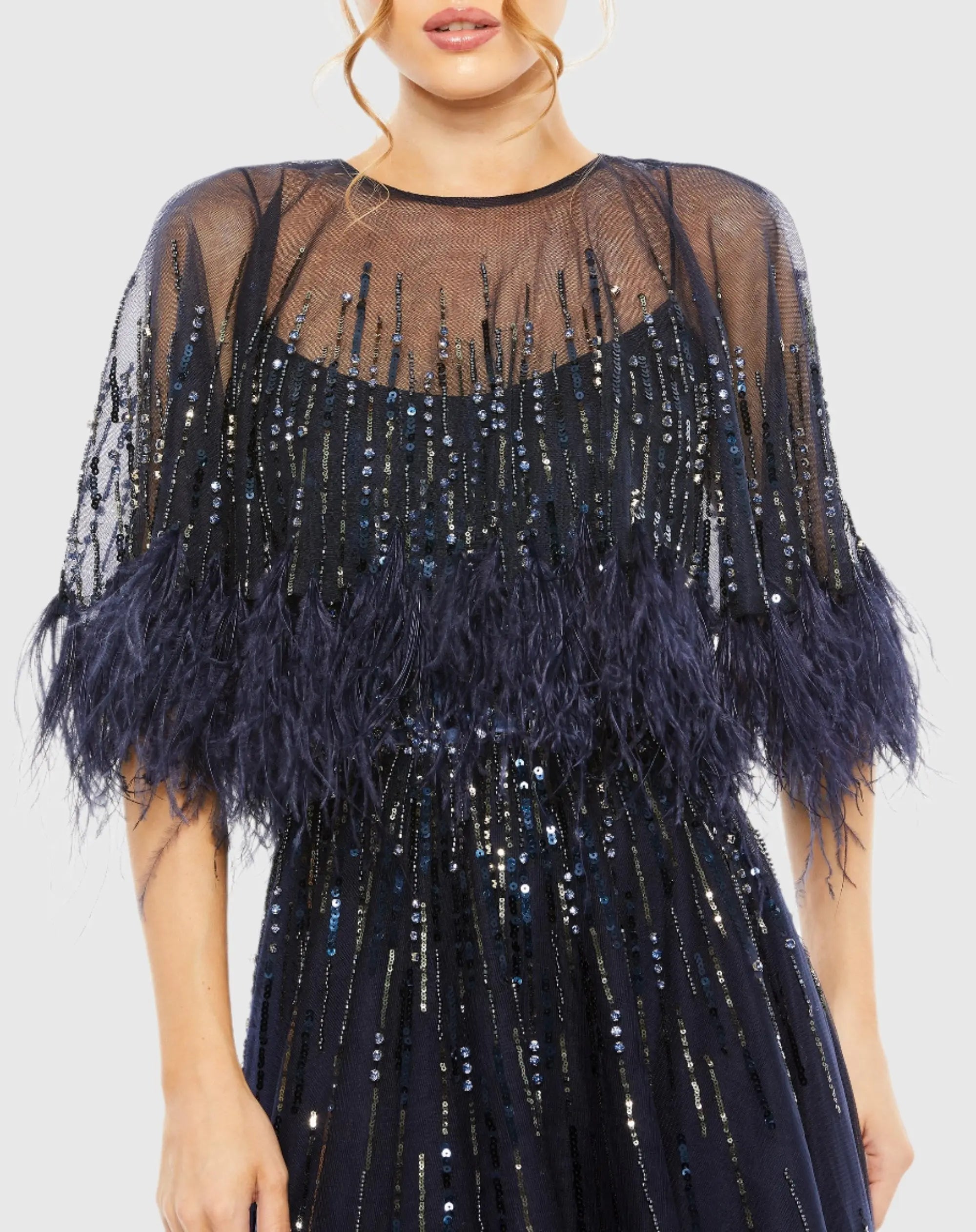 Blue Embellished A Line Gown with Feather Detail Cape