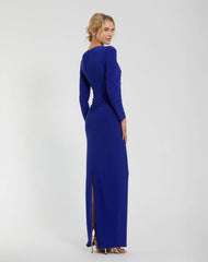 Blue Long Sleeve Jersey V Neck Twist Knot Gown