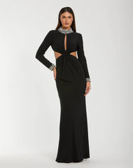 Black Embellished Jersey Long Sleeve Cut Out Evening Gown