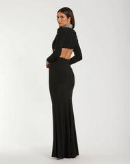 Black Embellished Jersey Long Sleeve Cut Out Evening Gown