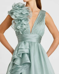 Green Ruffle Shoulder V-Neck Chiffon Gown