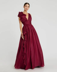 Burgundy Ruffle Shoulder V-Neck Chiffon Gown