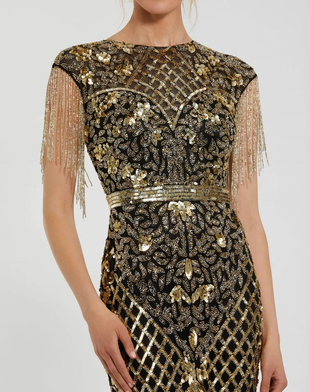 Black High Neck Beaded Fringe Fitted Gown