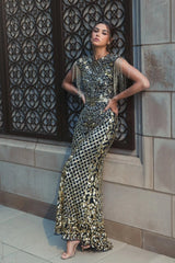 Black High Neck Beaded Fringe Fitted Gown