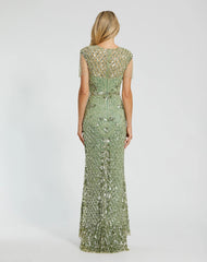 Green High Neck Beaded Fringe Fitted Gown