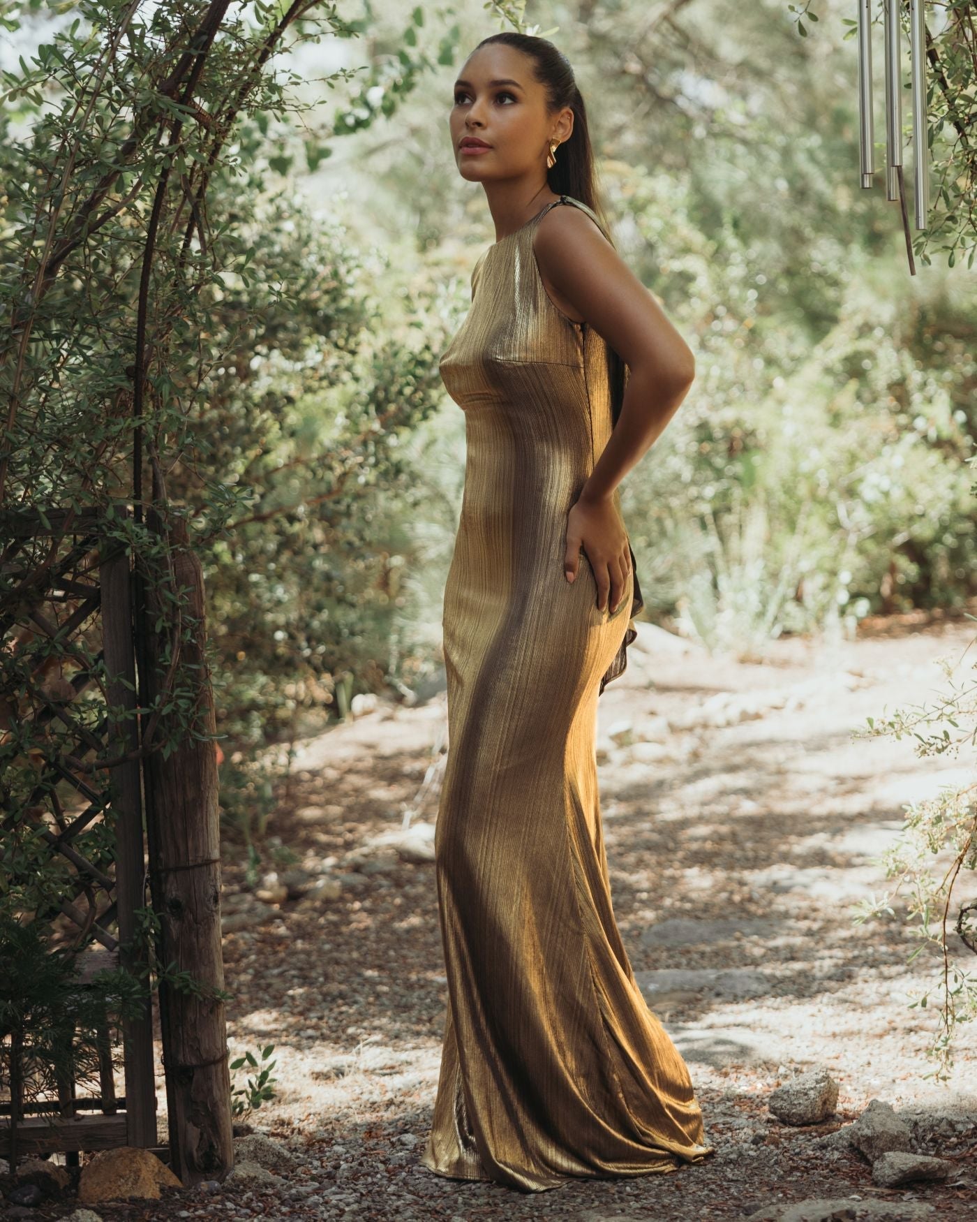 Gold Metallic Jersey Cowl Back Column Gown