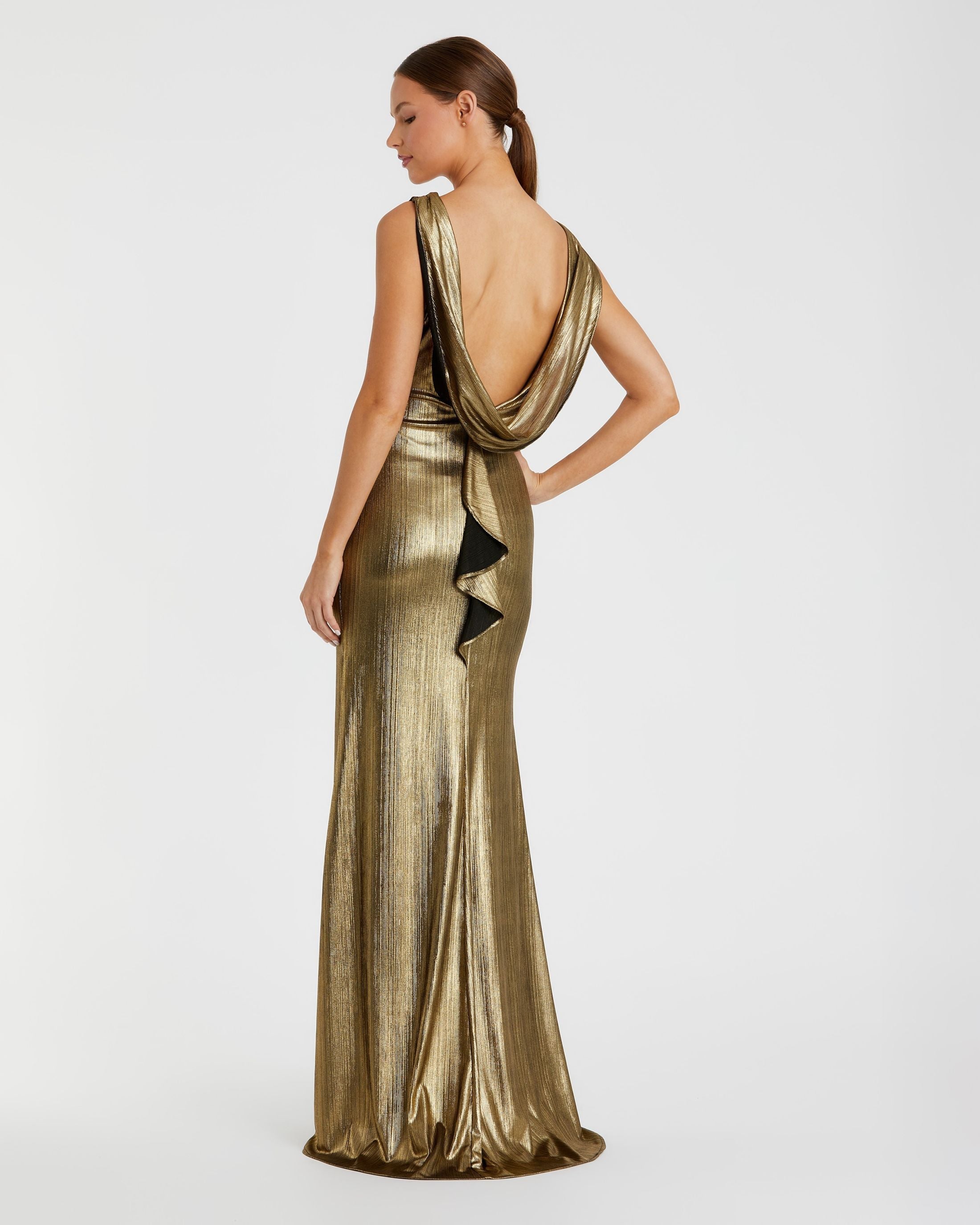 Gold Metallic Jersey Cowl Back Column Gown