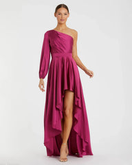 Purple Long Sleeve One Shoulder Satin High Low A-line Gown - FINAL SALE