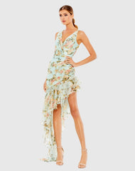 Blue Floral Print Asymmetrical Ruffle Hem Dress