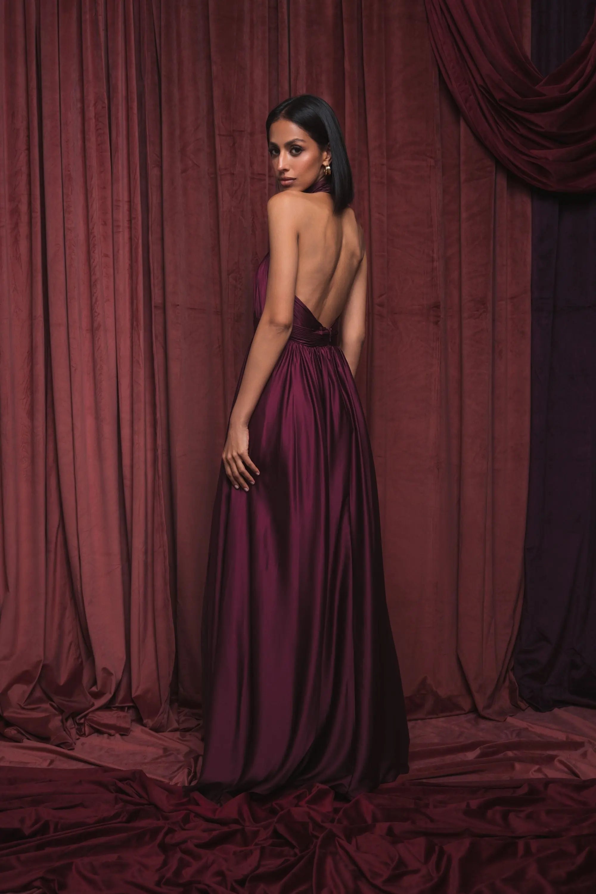 Purple Soft Tie Halter Neck High Slit Gown