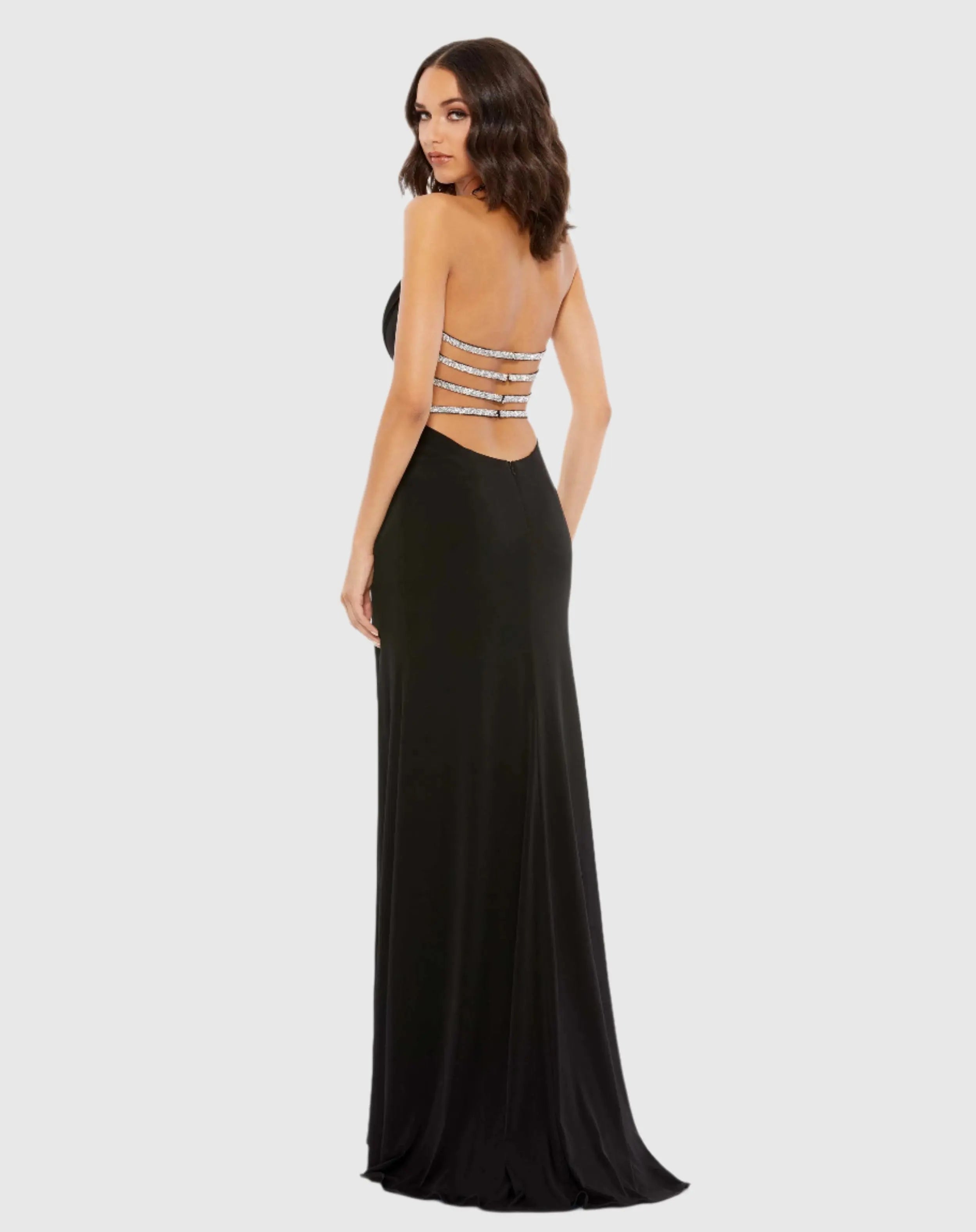 Black Cowl Neck Halter Strap Low Back Gown