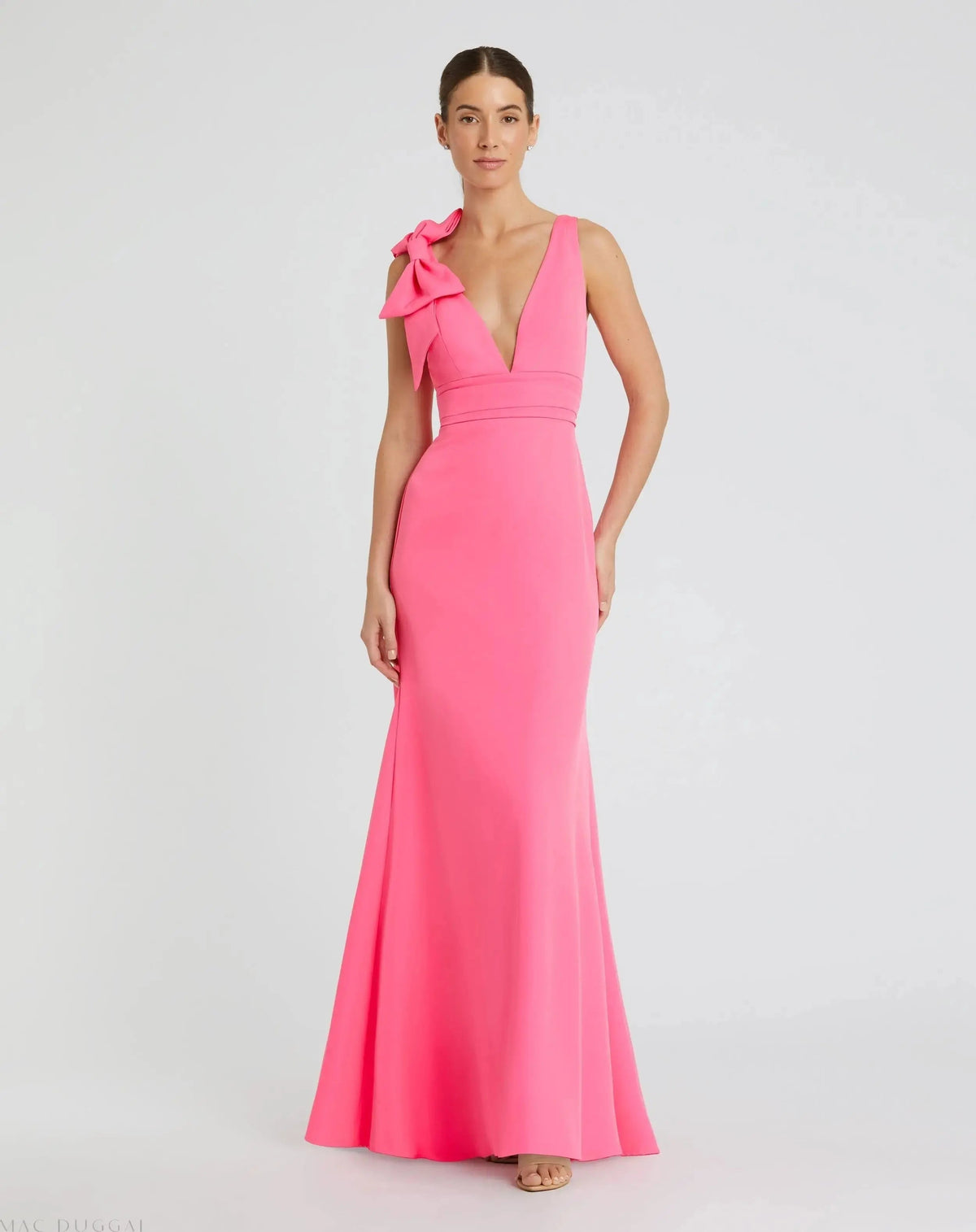 Pink Sleeveless V Neck Bow Detail Mermaid Gown