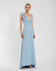 Blue Sleeveless V Neck Bow Detail Mermaid Gown