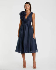 Navy Sleeveless Chiffon A-Line Tea Length Cocktail Dress