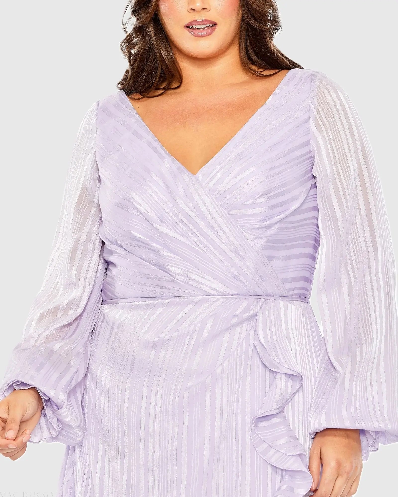 Purple Striped Faux Wrap Bishop Sleeve Gown (Plus)