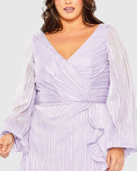 Purple Striped Faux Wrap Bishop Sleeve Gown (Plus)