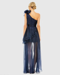 Navy One Shoulder Ruffle High Low Gown