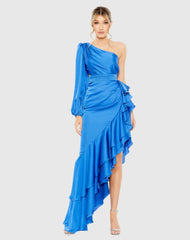 Blue One Sleeve Cut Out Asymmetrical Ruffled Gown