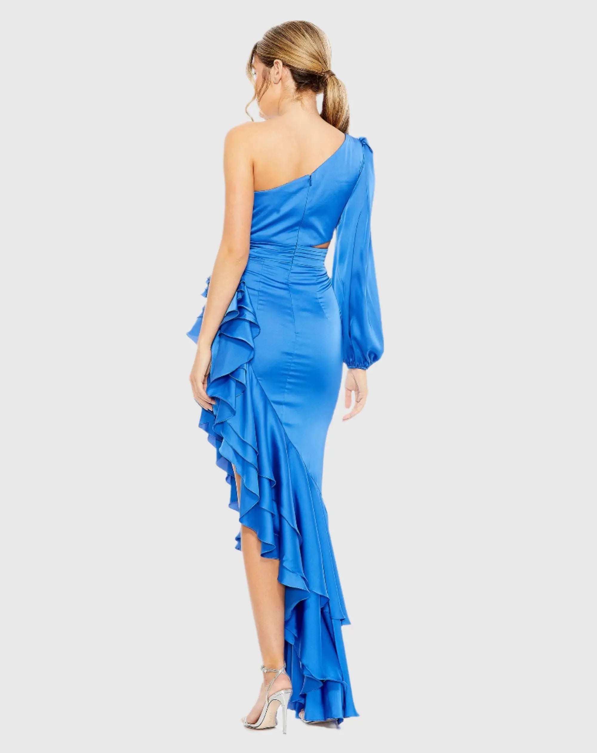 Blue One Sleeve Cut Out Asymmetrical Ruffled Gown