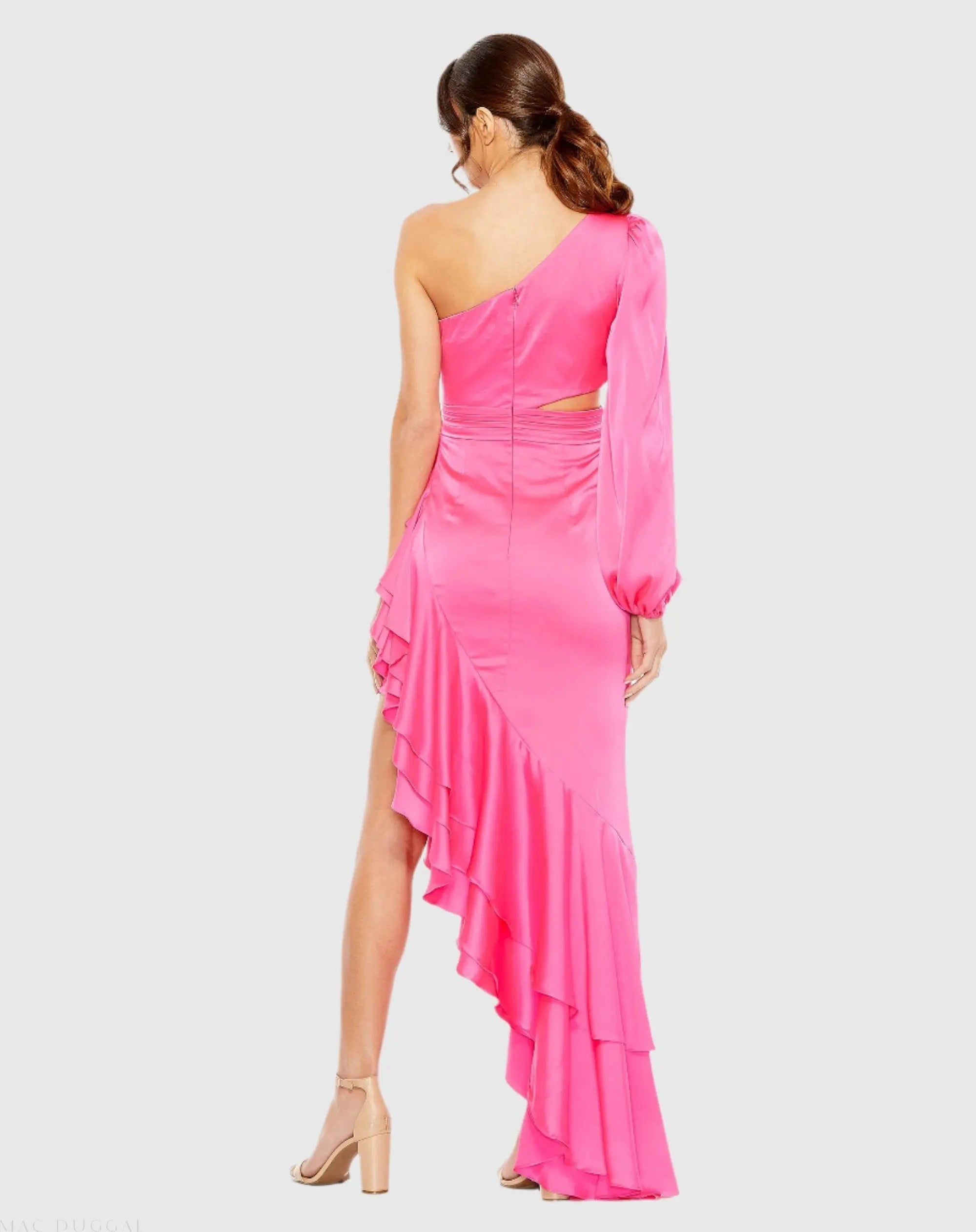 Pink One Sleeve Cut Out Asymmetrical Ruffled Gown