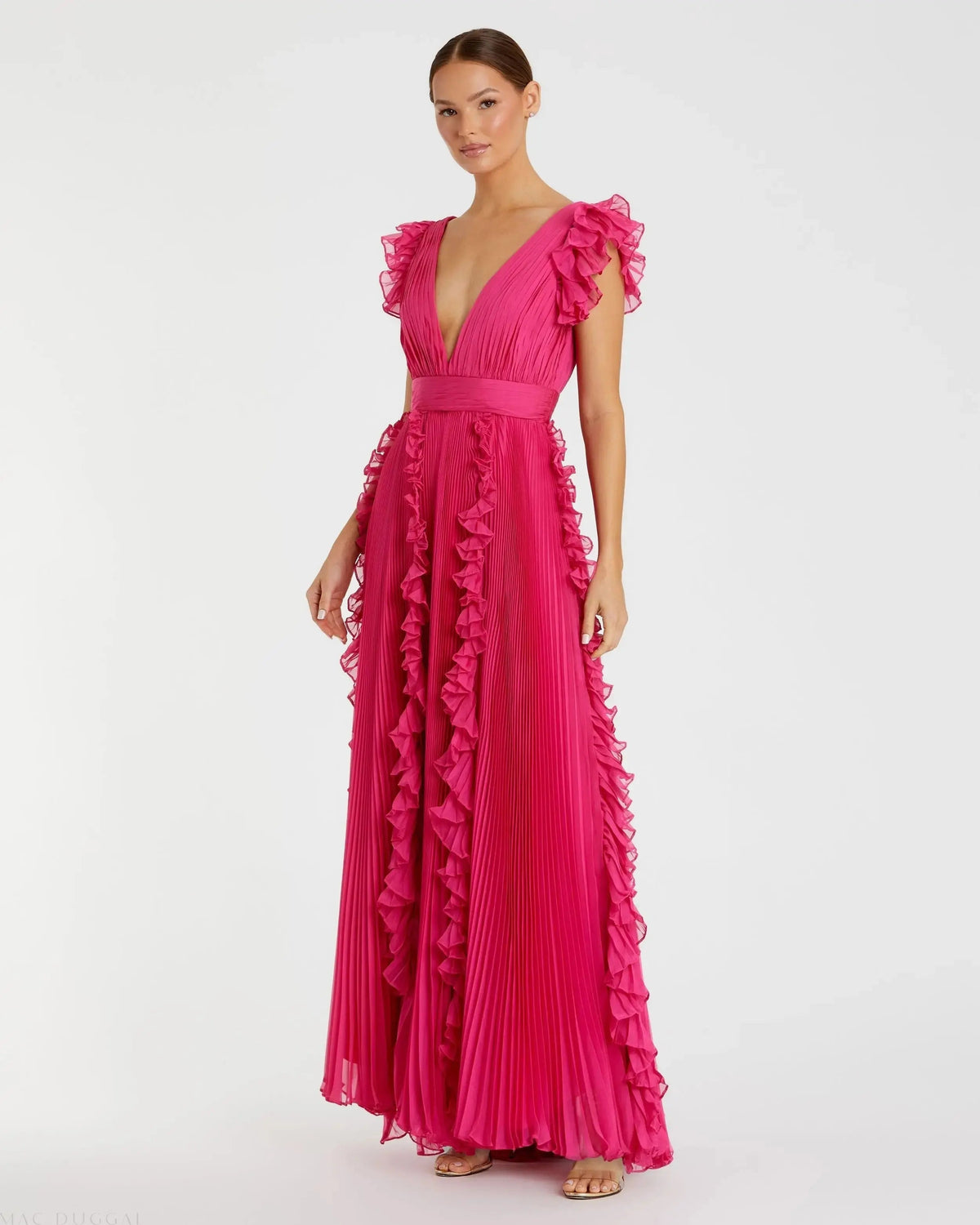 Pleated Ruffle Cap Sleeve Flowy A Line Gown