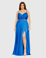 Blue Beaded Belt Faux Wrap A Line Gown (Plus)