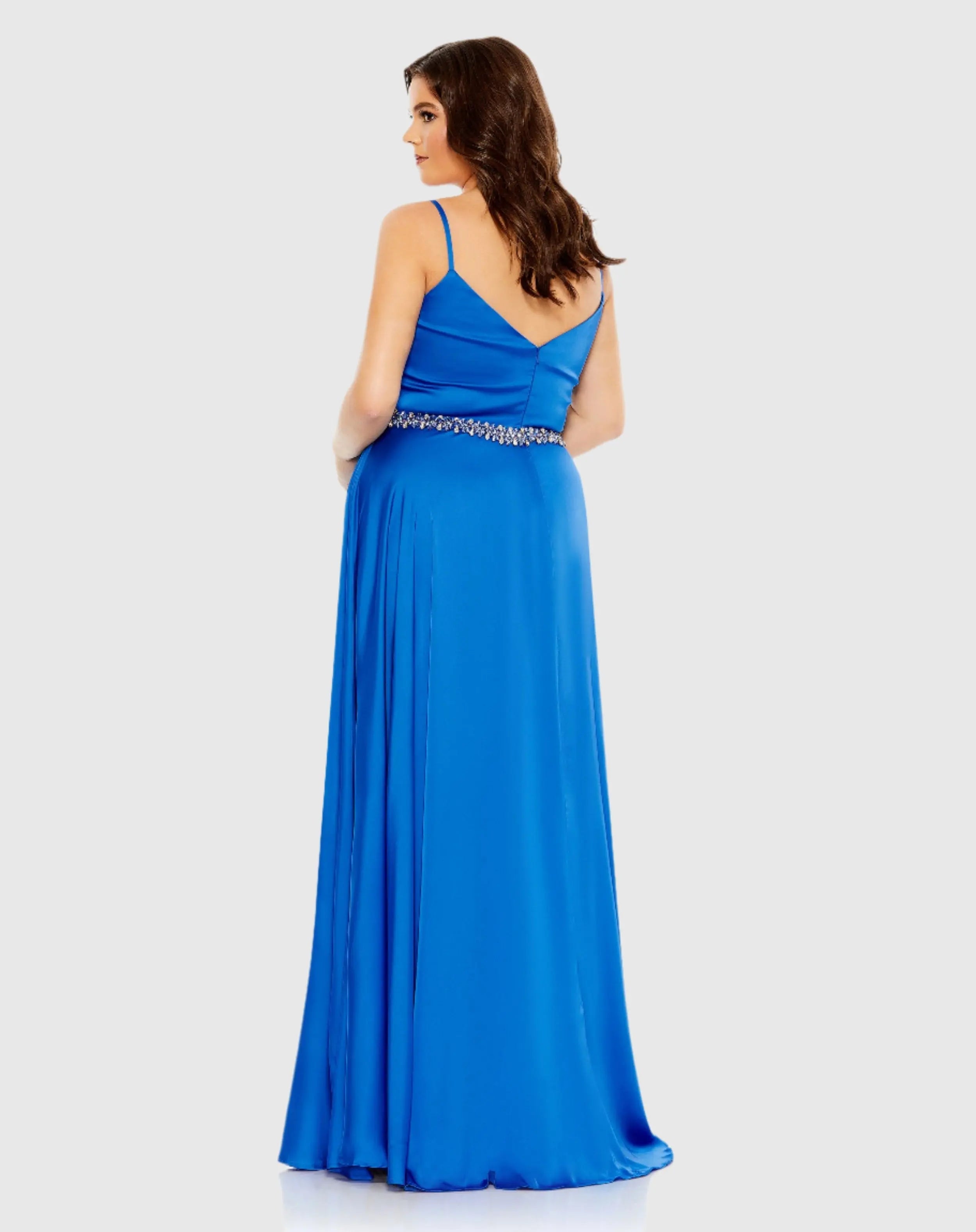Blue Beaded Belt Faux Wrap A Line Gown (Plus)