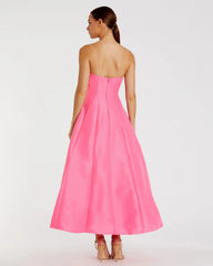 Pink Strapless A-Line Tea Length Statement Bow Dress