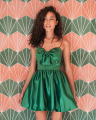 Green Bow Front Bubble Hem Mini Dress